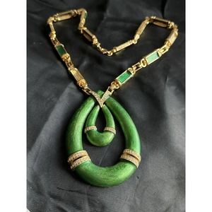 Vintage Rare POLCINI Green Enamel Choker Drop Pendant Necklace Pave Rhinestones